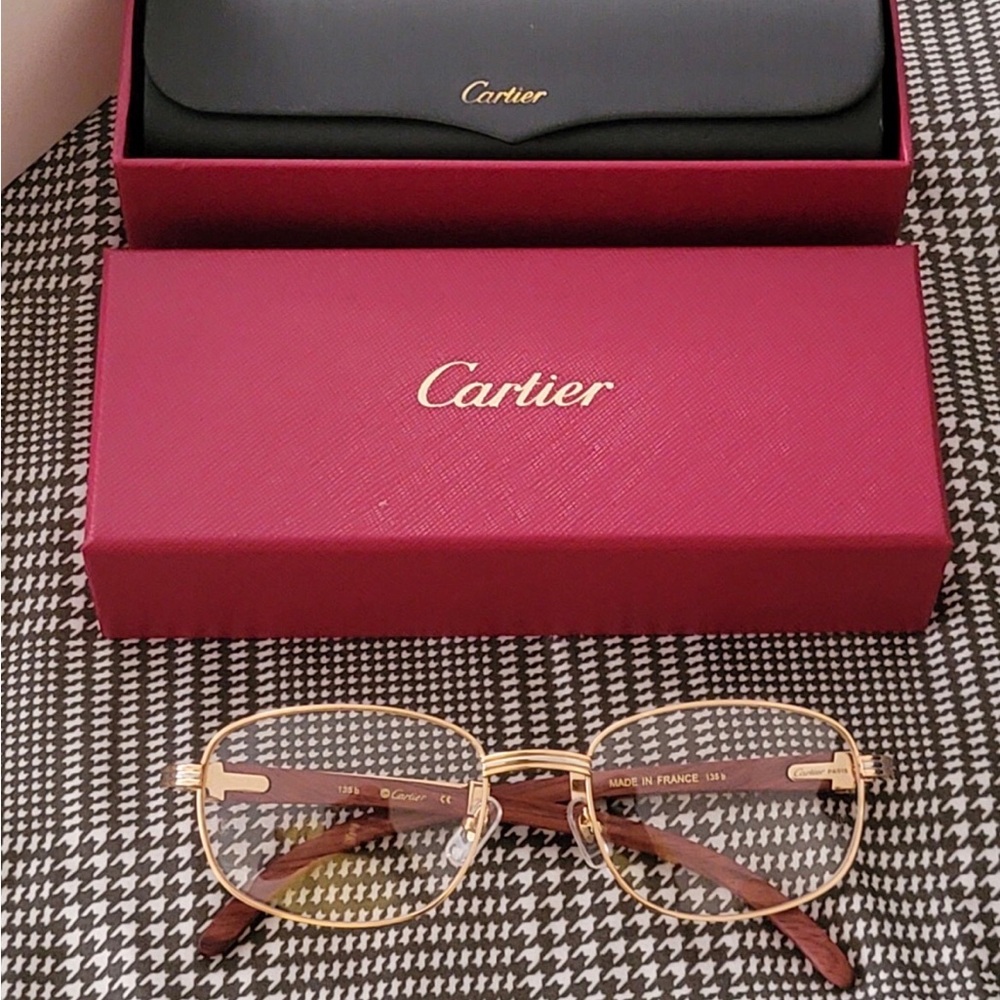 Cartier Gold Metal Oval Glasses with Brown Temples